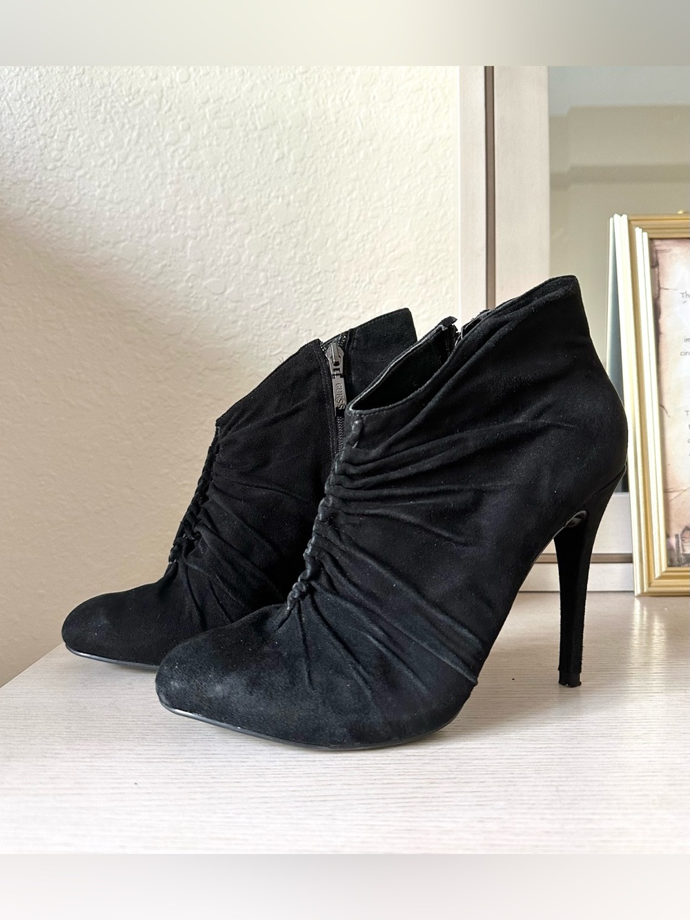GUESS Dottest Black Suede Scrunched High-Heel Zip Ankle Boots -Size 7.5